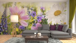 Fotobehang op maat gemaakt met bloemenveld bij zonsondergang